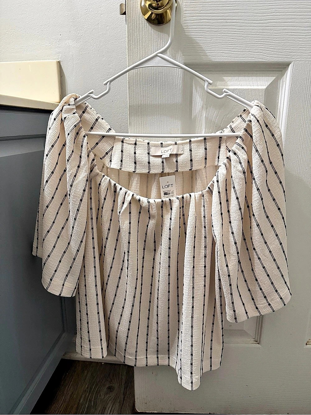 LOFT Versa Seasonless Stretch Square Neck Top in Stripe Cream & Black Medium